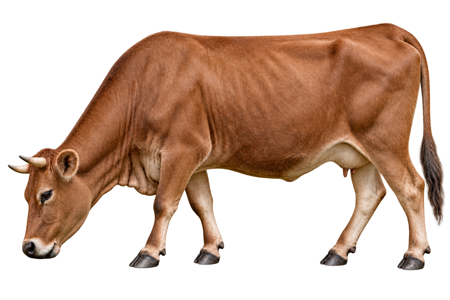 KI-generierte fotorealistische Darstellung eines grasenden braunen Rinds