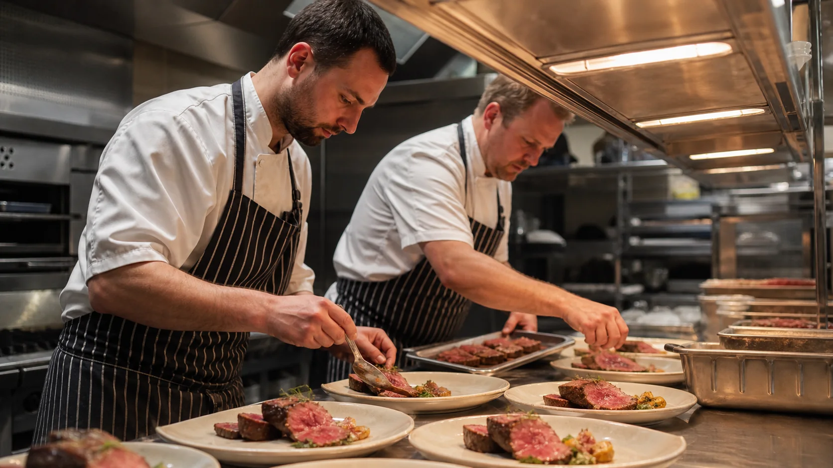 Köche portionieren Premium Beef für den Hotel- und Eventservice
