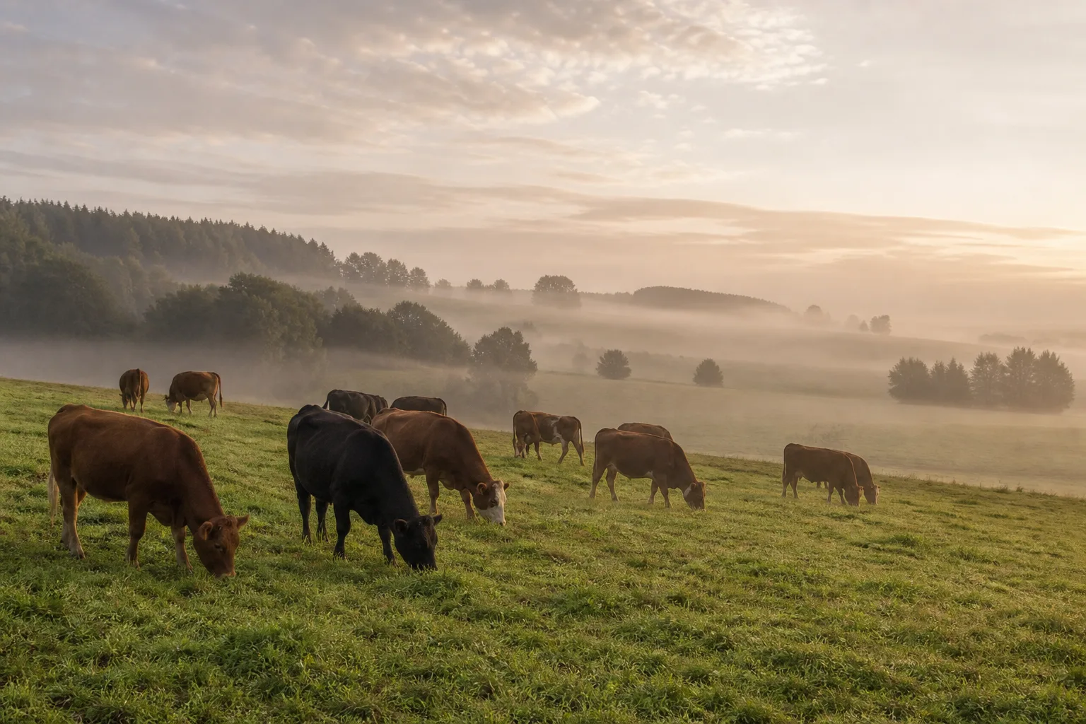 Rinder grasen am frühen Morgen auf einer nebeligen europäischen Weide