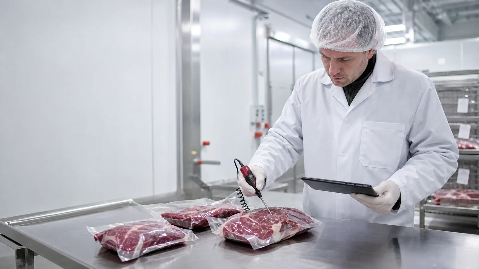 Qualitätskontrolle von vakuumverpacktem Premium Beef in der Produktion